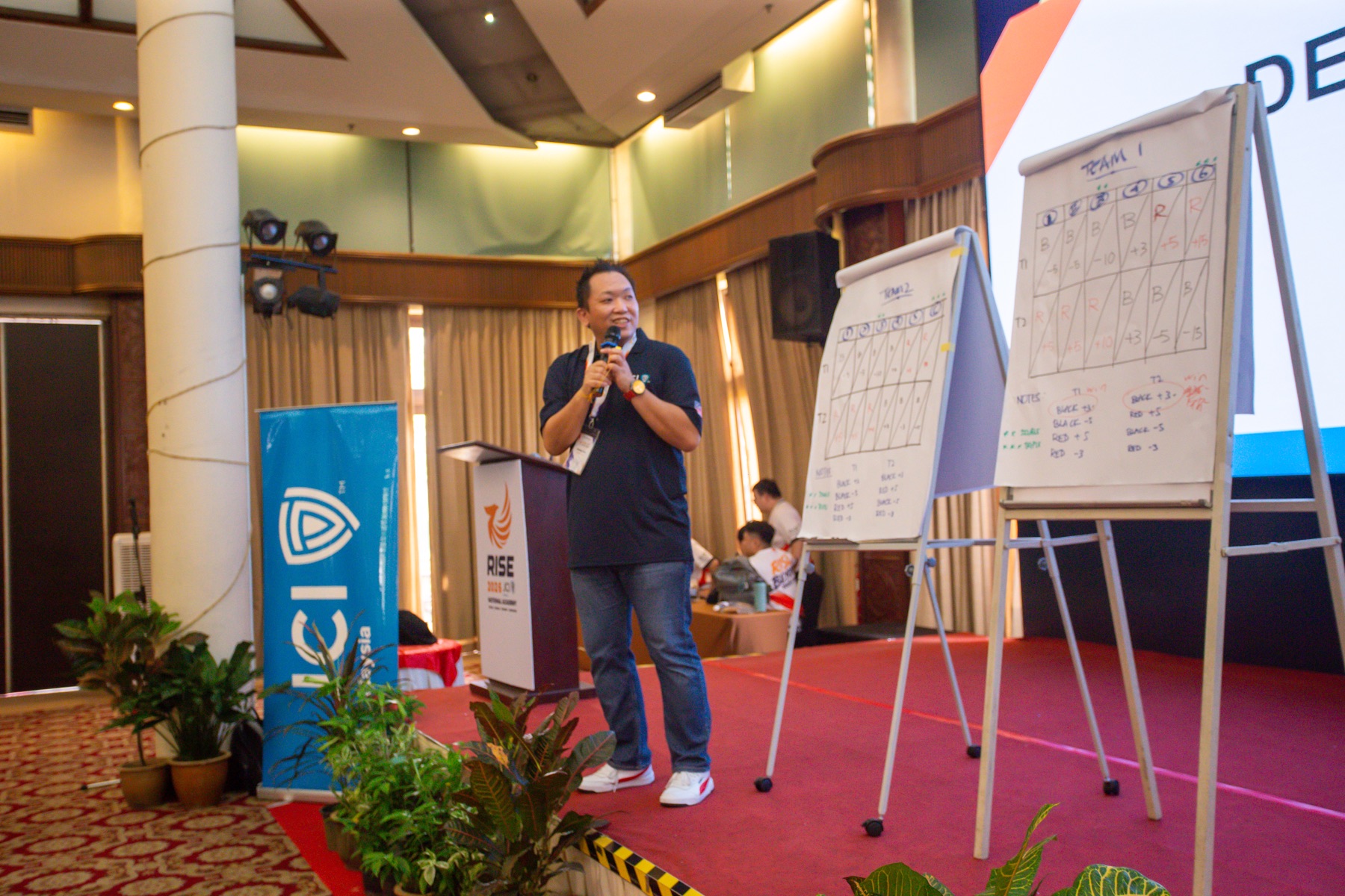 A facilitator reviewing team scores during an activity